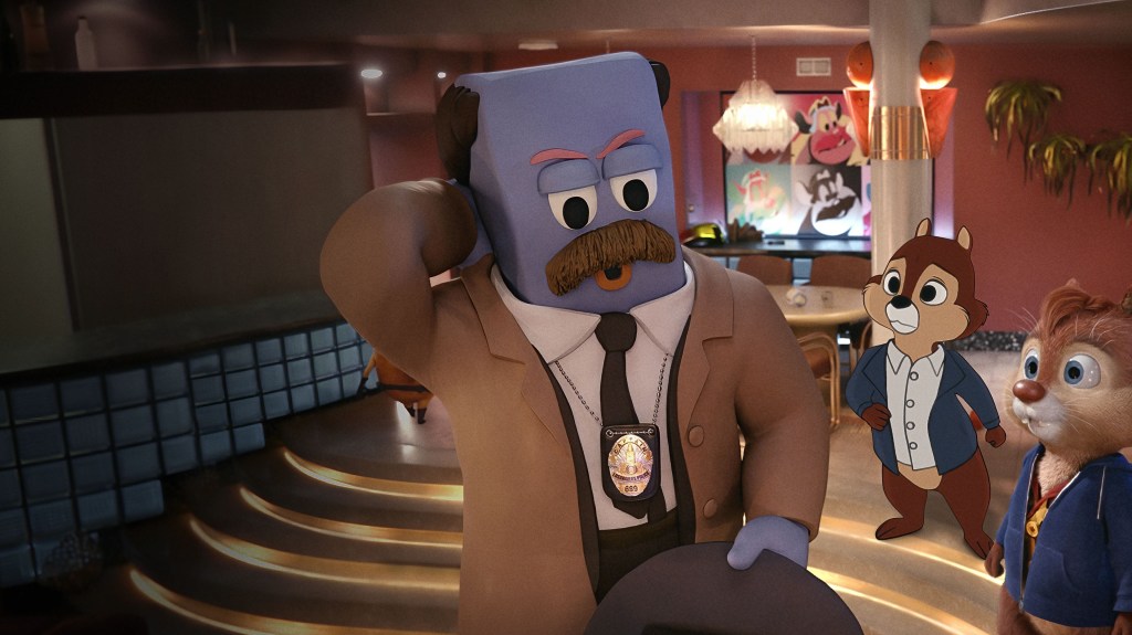 A still from Chip 'n Dale: Rescue Rangers featuring Captain Putty alongside a 2D Chip and a 3D Dale.